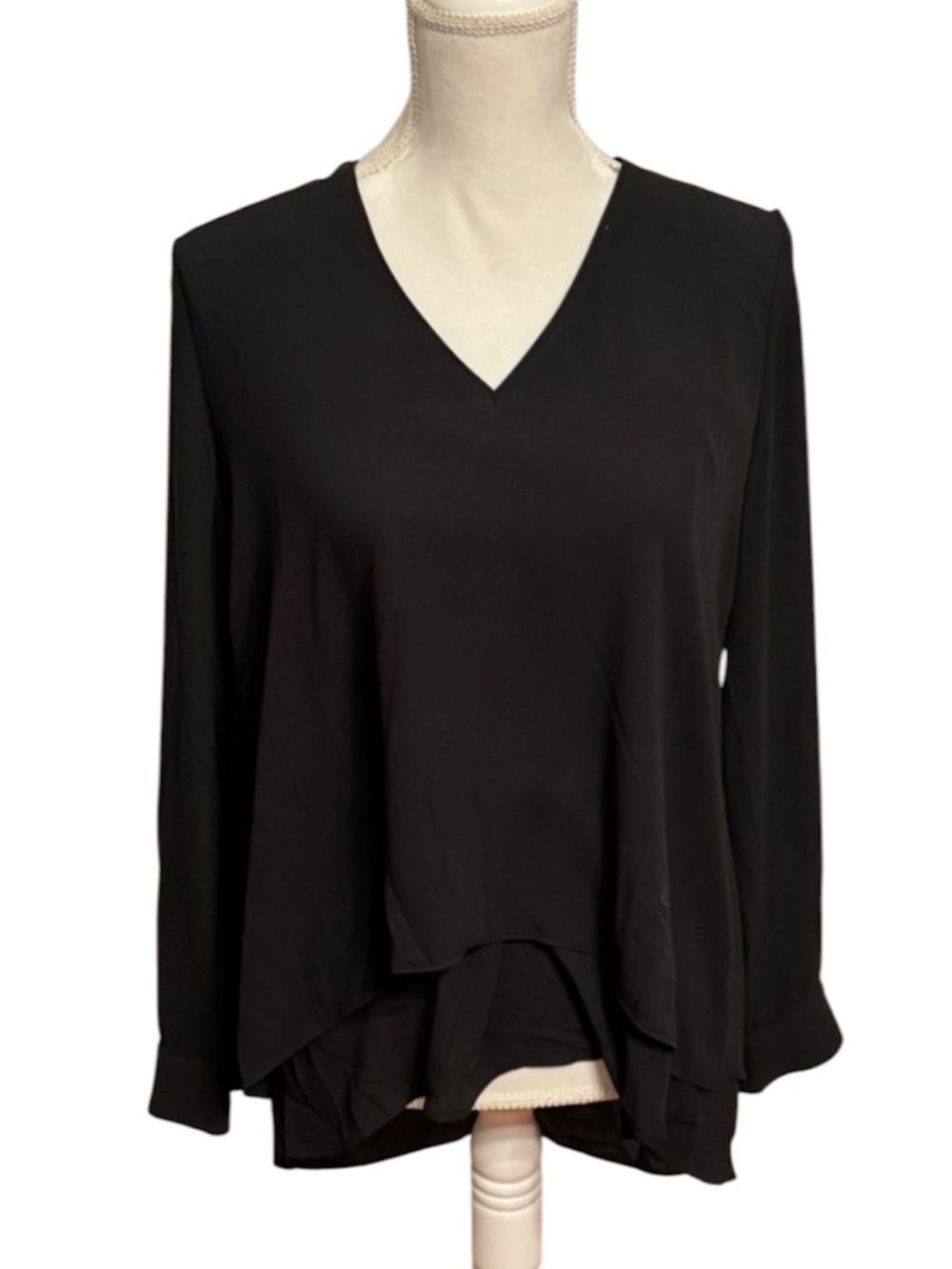 White House Black Market V-Neck Long Sleeve Black Layered Blouse Size Small